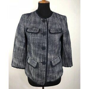 Talbots Sz 2 Blue Tweed Blazer Jacket Wool Blend Ruffled Career Womens
